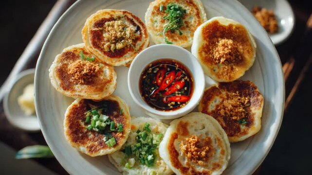 Appetizing Vietnamese Mini Pancake: a delicious, authentic Vietnamese mini pancake served on a rustic white plate, offering a taste of the country's culinary expertise.