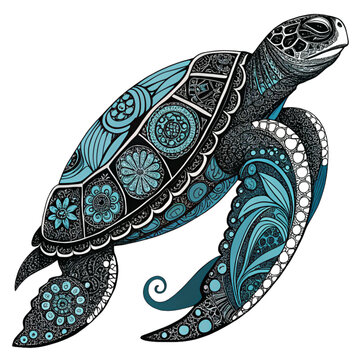 a turtle with a shell adorned in complex tribal and mandala motifs