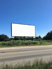 Empty billboard on roadside with clear blue sky background in rural setting