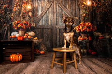 Small Dog Posing on Stool in Cozy Autumn Barn Scene