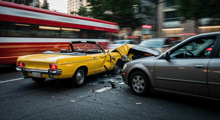 Fototapeta premium Car crash between classic yellow convertible and modern sedan in urban traffic with streetcar motion blur background showing vehicle collision damage
