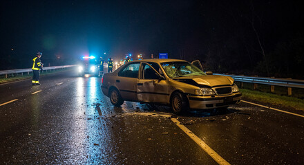 Car accident on wet road at night with damaged vehicle and emergency responders under flashing lights. Traffic incident scene involving crash investigation and public safety response