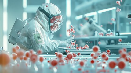 scientist in protective suit analyzing molecules, laboratory worker in hazmat gear with molecules