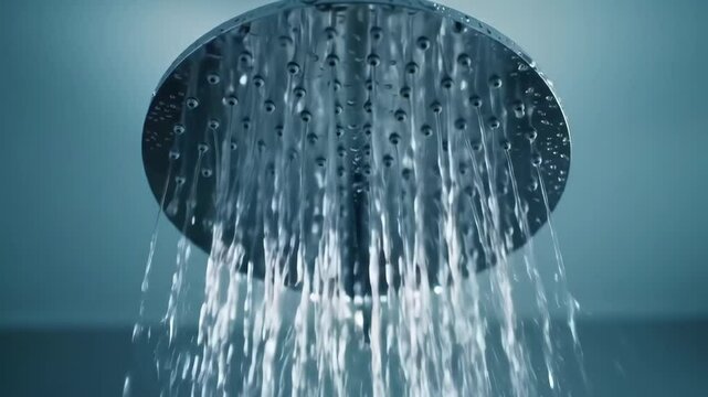 Cinematic rain showerhead with flowing water, luxury bathroom animation