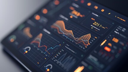 financial analytics dashboard with dark theme, data charts and graphs on futuristic interface