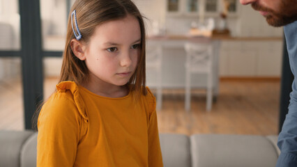 Angry Caucasian man guy speak shouting at guilty daughter little kid family conflict at home...