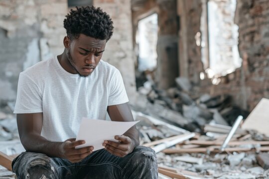 Young Black man reviews property repair estimates amid restoration challenges and emotional stress