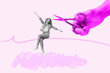 3d sketch artwork banner collage of happy businesswoman businessman stand sit line business startup...