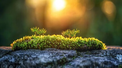 Tiny plants emerge from moss on stone, bathed in golden sunlight