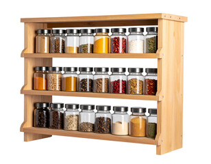 Wooden Spice Rack with Assorted Spice Jars, Isolated on Transparent Background PNG
