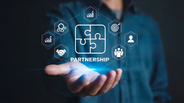 Conceptual presentation showcasing a partnership agreement with jigsaw puzzle piece design, alongside collaborative symbols, highlighting teamwork and strategic alliance in business.