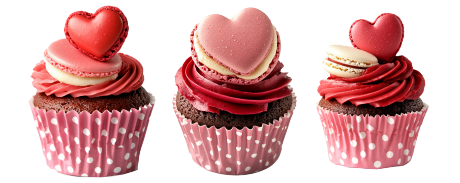 Set of Pink cupcake with red frosting, topped with heart shaped macaron, in polka-dot wrapper on white background