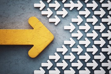 Yellow arrow leading white arrows forward, leadership and direction concept.