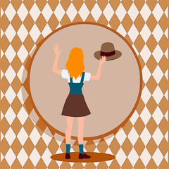 From the series "oktoberfest", girl with a hat in her hand meets or sees someone off,  on the background of traditional bavarian pattern with brown daimonds