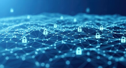 Digital Security Network: Padlocks on Connected Nodes in Blue Abstract Space