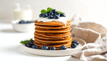 Delicious gluten-free buckwheat pancakes served on ceramic plate with blueberries