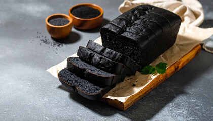 Dark activated charcoal loaf sliced showing soft gluten-free crumb