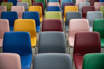Colorful empty chairs arranged in rows for seminar, event or conference hall.