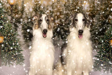 Two Borzoi Dogs in Snowy Winter Forest Scene