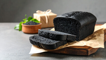 Dark activated charcoal loaf sliced showing soft gluten-free crumb