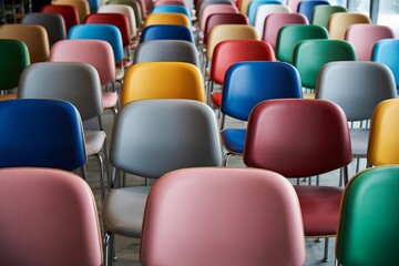 Colorful empty chairs arranged in rows for seminar, event or conference hall.