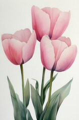 Pink tulips with delicate petals and green leaves create serene and elegant floral composition. soft colors and graceful shapes evoke sense of tranquility and beauty