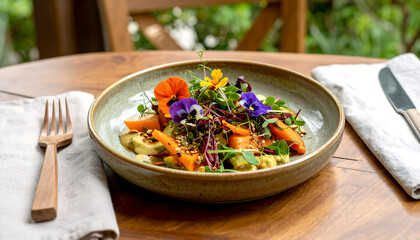Colorful vegan meal artfully arranged on a handmade ceramic plate