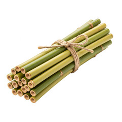 A bundle of natural green bamboo drinking straws tied with twine isolated on transparent background