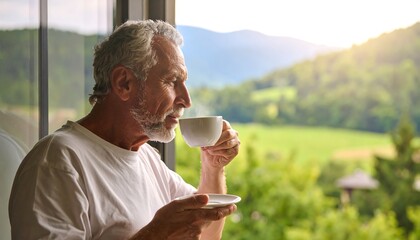 Senior man enjoys coffee outdoors