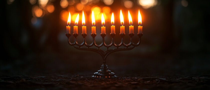 Nine candle holder with burning candles on a dark background, useful for articles about traditions and religious rituals. - Powered by Adobe