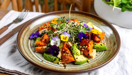 Colorful vegan meal artfully arranged on a handmade ceramic plate