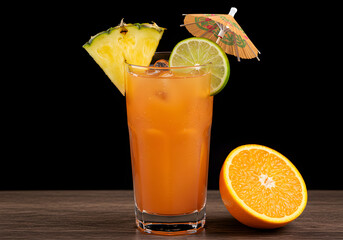 Fototapeta premium Tropical Orange Cocktail with Pineapple and Lime Garnish | Refreshing Summer Drink for Bar Promotion and Vacation Advertising