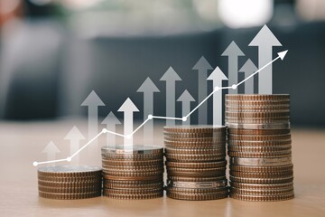 coin stacks with upward arrows and growth chart, finance, savings, and profit rise.