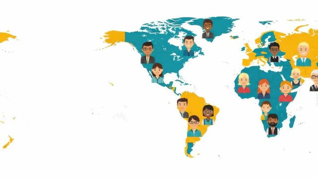 Global Team: Diverse Faces Connecting Across World Map Animation