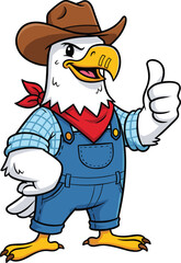 Cartoon eagle mascot in farmer outfit, cowboy hat, red bandana, overalls, thumbs up pose, American farm animal character vector