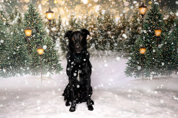 Black Dog in Peaceful Snowy Forest with Lanterns