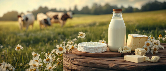 Fototapeta premium Bottle of milk, cheese and flowers on wooden board on background of grazing cows. Useful for advertising dairy products and farm goods.