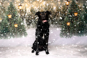 Black Dog Sitting in Snowy Winter Forest Scene