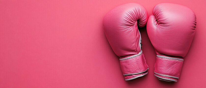 Pink boxing gloves on pink background, useful for sports and fitness articles.