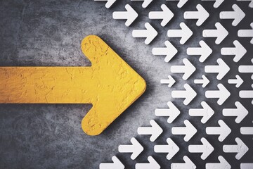 Yellow arrow leading white arrows forward, leadership and direction concept.