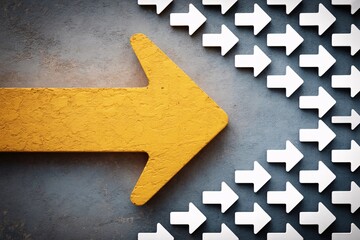 Yellow arrow leading white arrows forward, leadership and direction concept.
