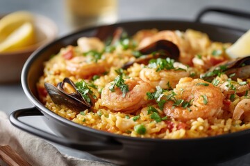 Colorful seafood paella filled with fresh ingredients prepared in a traditional pan