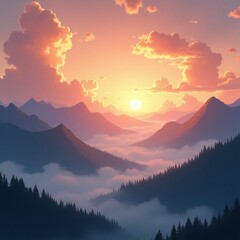 Obraz premium Scenic mountain sunset with glowing clouds and misty hills, dreamy natural landscape with atmospheric lighting.