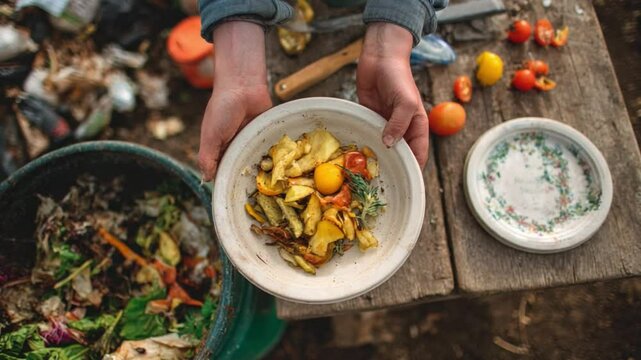 Composting Food Scraps: Hands carefully hold a bowl of colorful, roasted vegetable scraps destined for composting, emphasizing sustainable practices and reducing food waste.