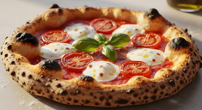 A close up of a neapolitan pizza with tomato sauce mozzarella basil and a charred crust on a white surface