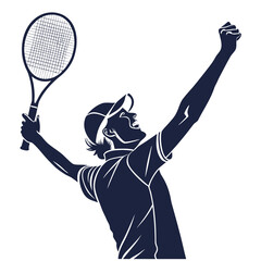Joyful tennis player celebrating victory with arms raised high holding a racket in silhouette