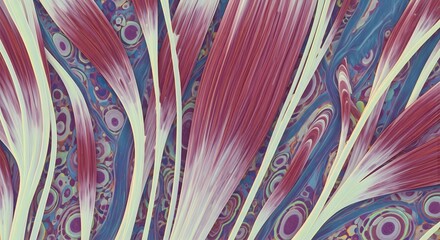 Abstract depiction featuring elongated red and white shapes on a patterned background design art