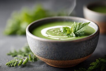 Warm nettle soup garnished with cream and fresh herbs in a rustic bowl on a grey table