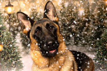German Shepherd Dog in Snowy Winter Wonderland