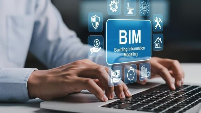 BIM (building information modeling) technology concept. Businessman using computer laptop with l BIM icons on virtual screen.